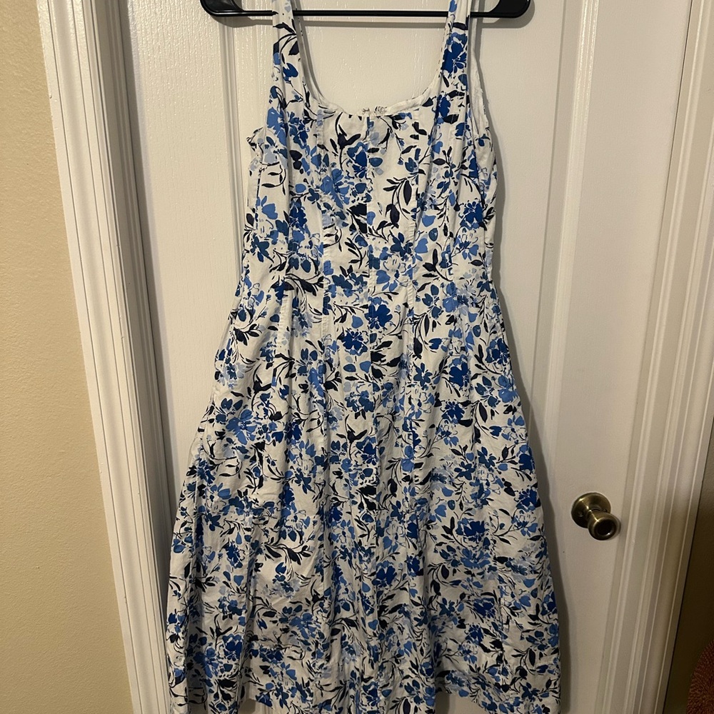 Free Assembly 100% Cotton Floral Midi Dress with Pockets Blue White - Picture 3 of 8